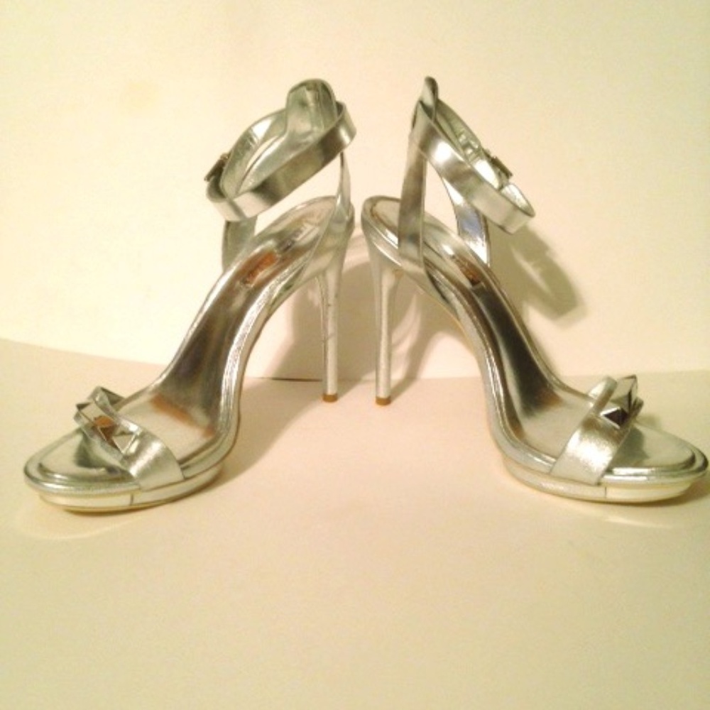 BCBG Silver Stud Vamp Ankle Strap Stiletto Heel 10